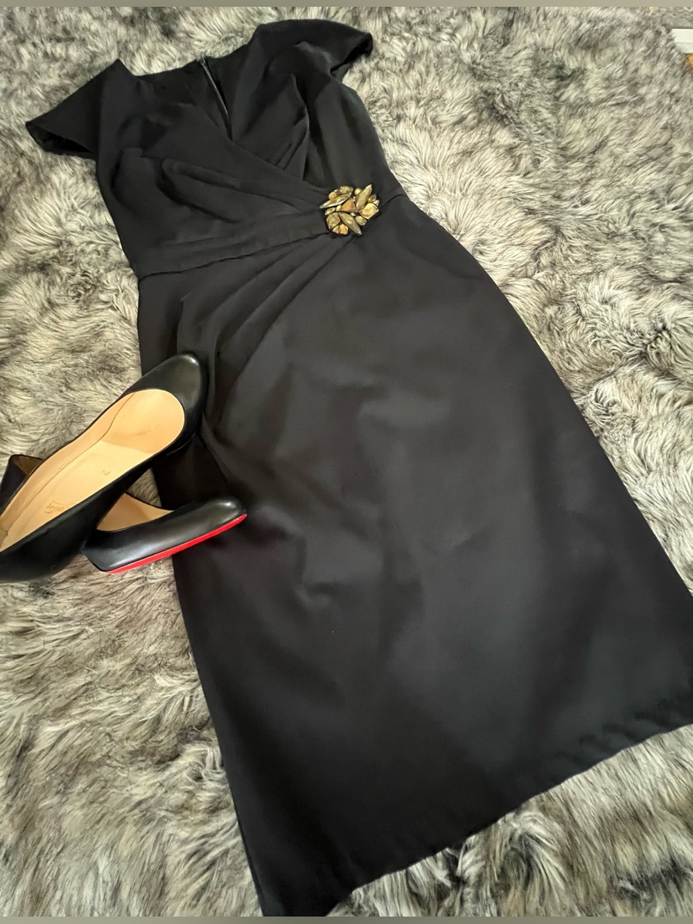 Tadashi Shoji Black Midi Sheath Dress with Gold Brooch
